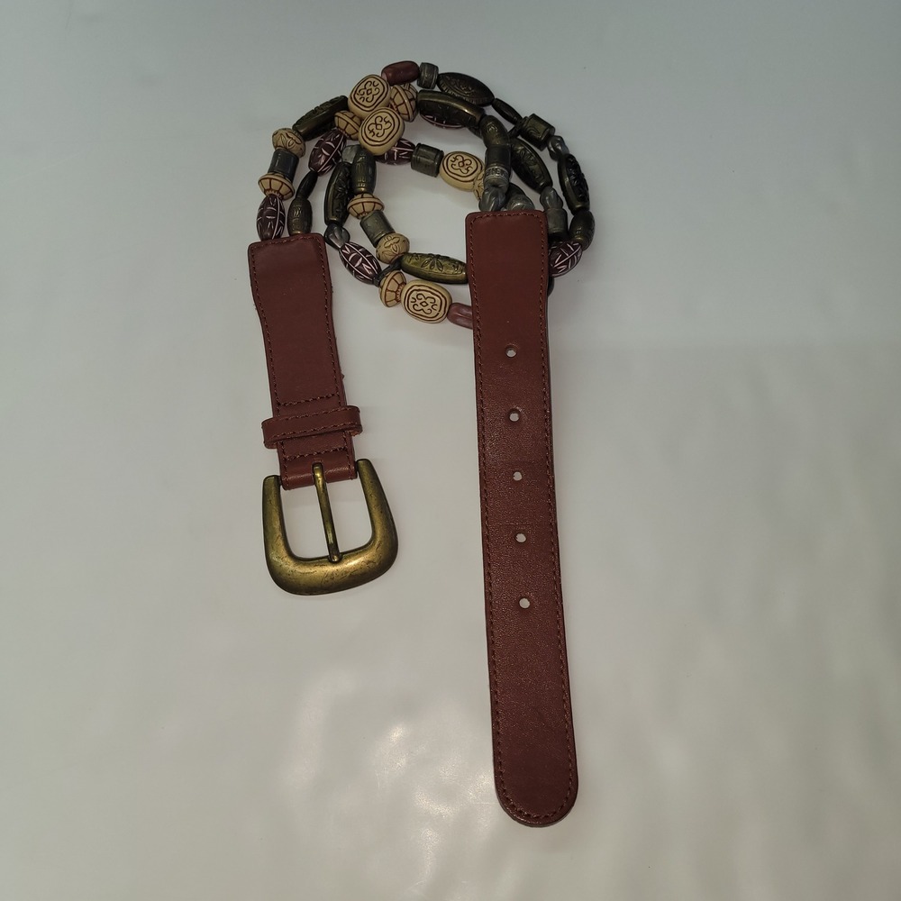 New York Studio Brown Leather Beaded Double‎ Strand Belt Womens S
